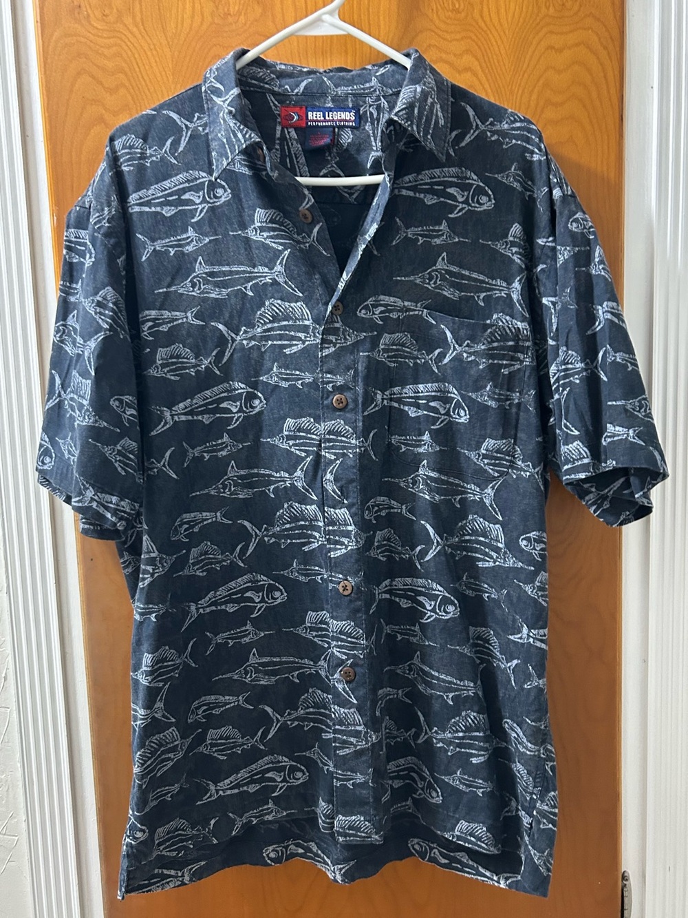Reel Legends Navy Blue Short Sleeve Fish-Print Button Down Shirt